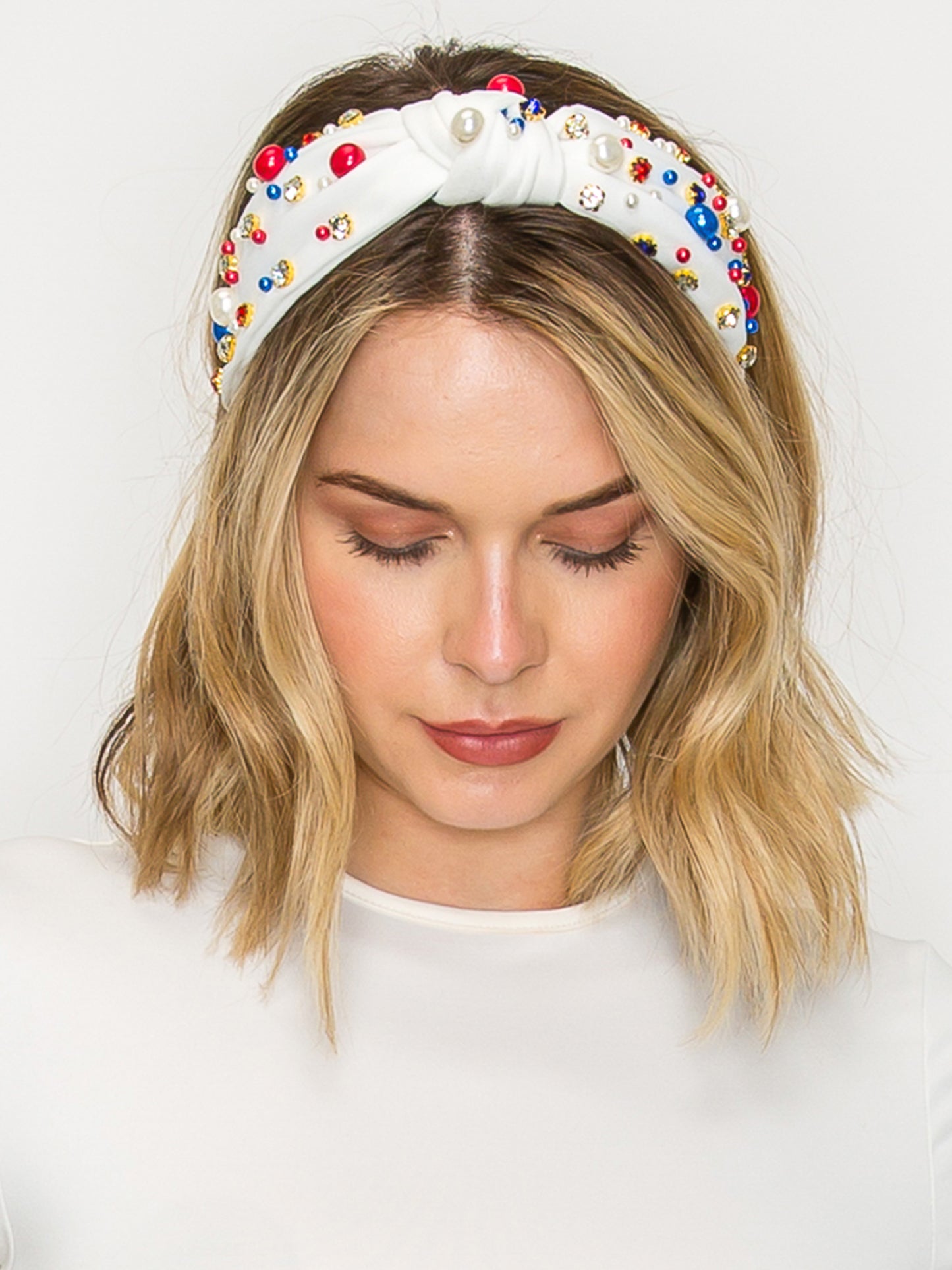 Daisy American Flag Color Theme Crystal Pearl Beaded Headband