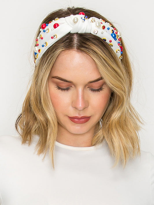 Daisy American Flag Color Theme Crystal Pearl Beaded Headband