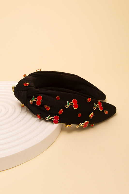 Emily Rhinestone and Cherries Embellished Top Knot Headband | Black