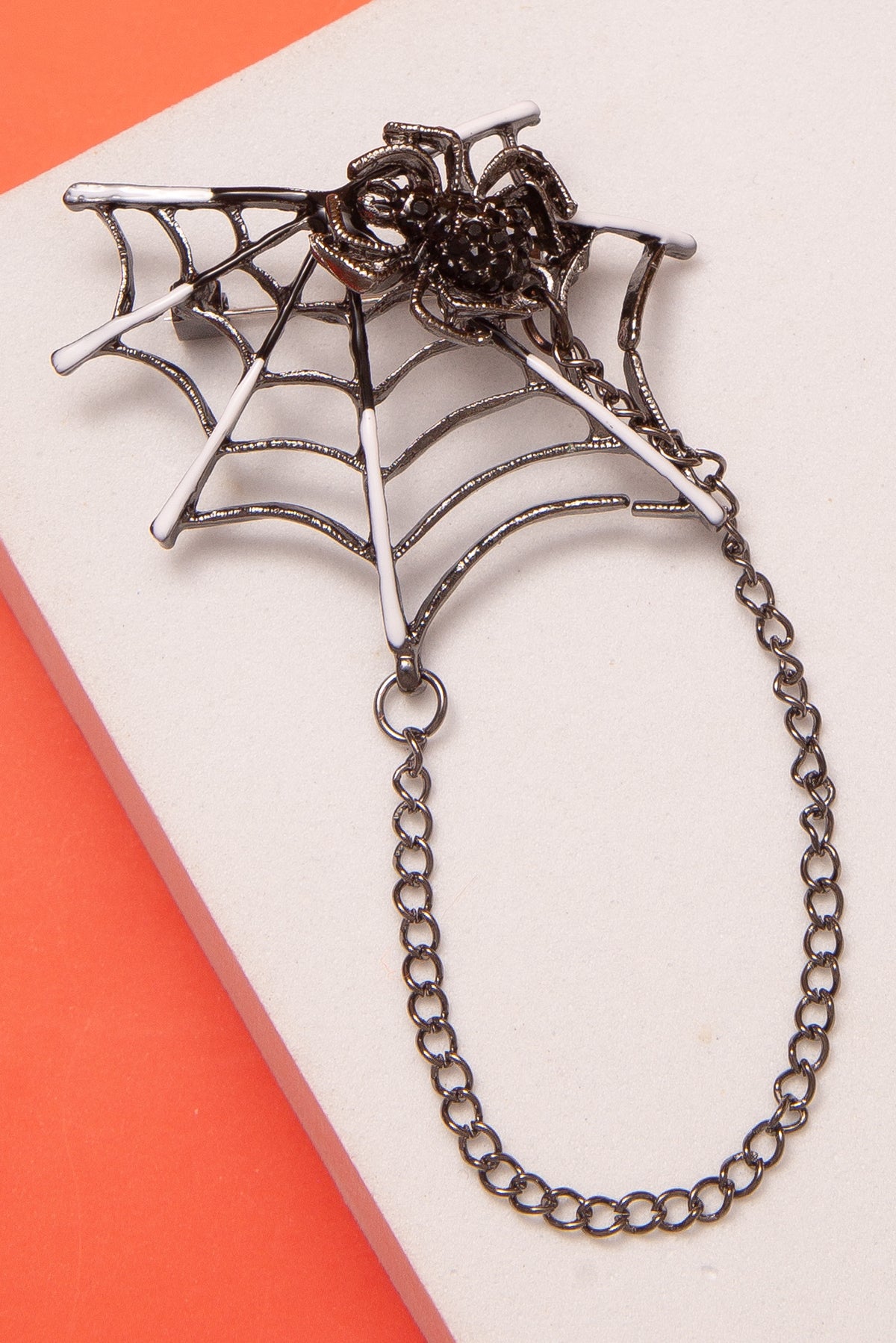 Samantha Halloween Spiderweb Brooch Pin With Crystal Pave Spider