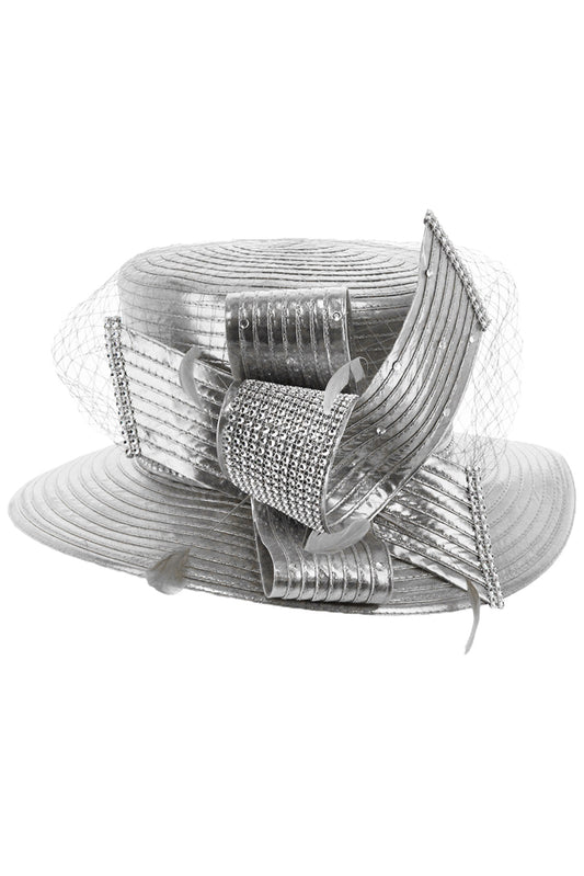 Emilia Rhinestone Pave Ribbon w/ Veil Braid Hat | Silver