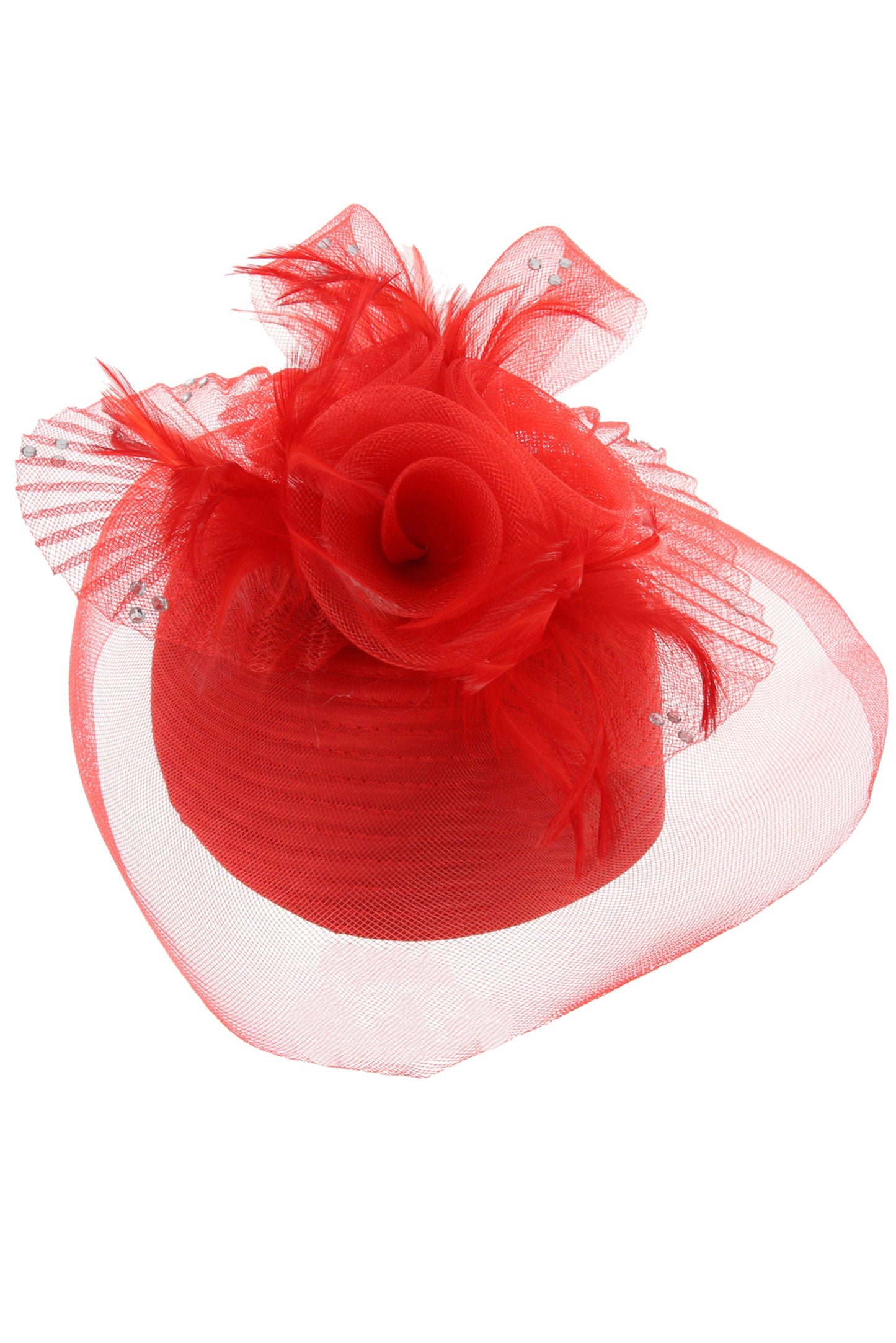 Grace Triple Rose Mesh w/ Feathers and Rhinestones Pillbox Hat | Red
