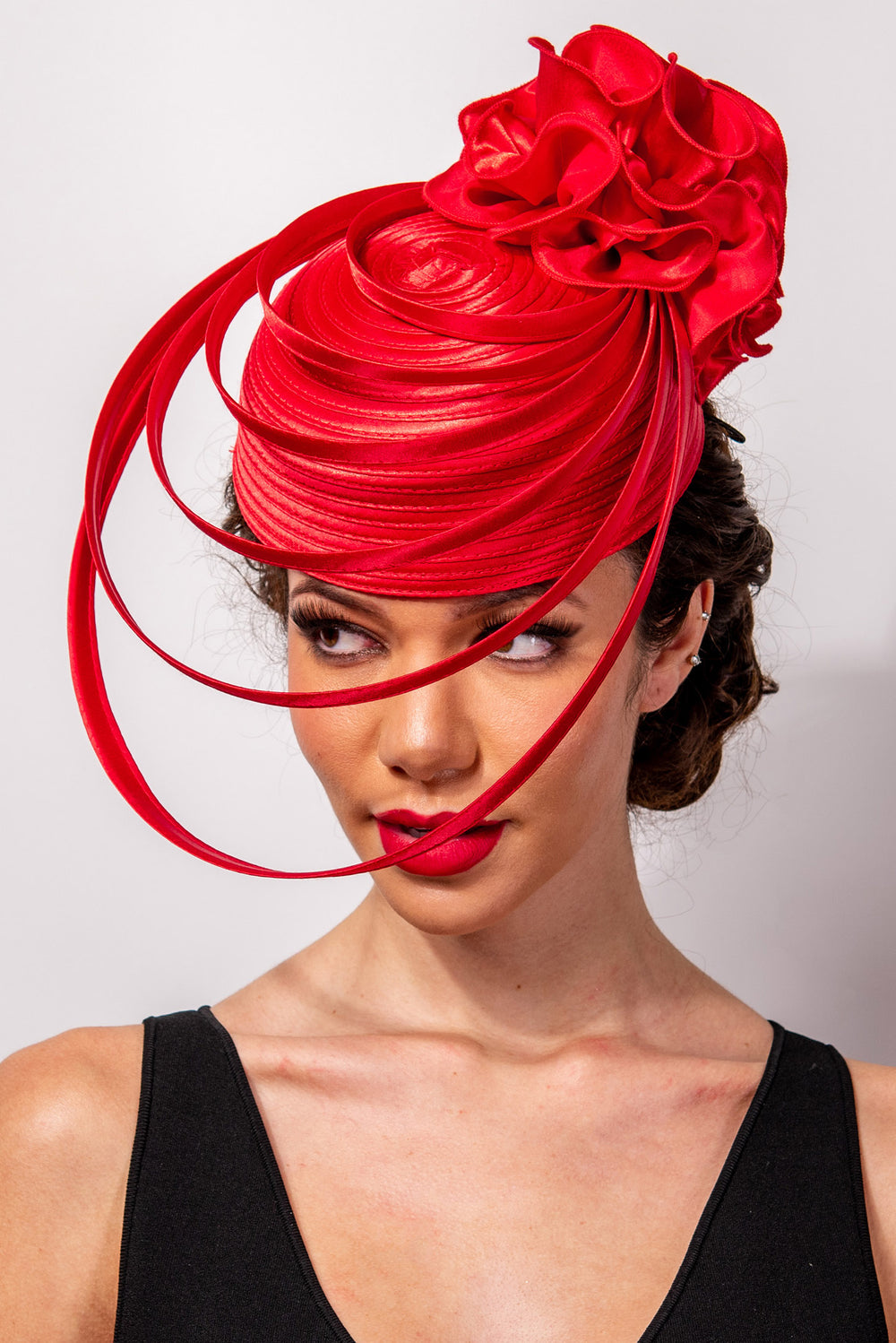 Scarlett Ribbon Flower Pillbox Braid Hat w/ Floating Ribbon Loops