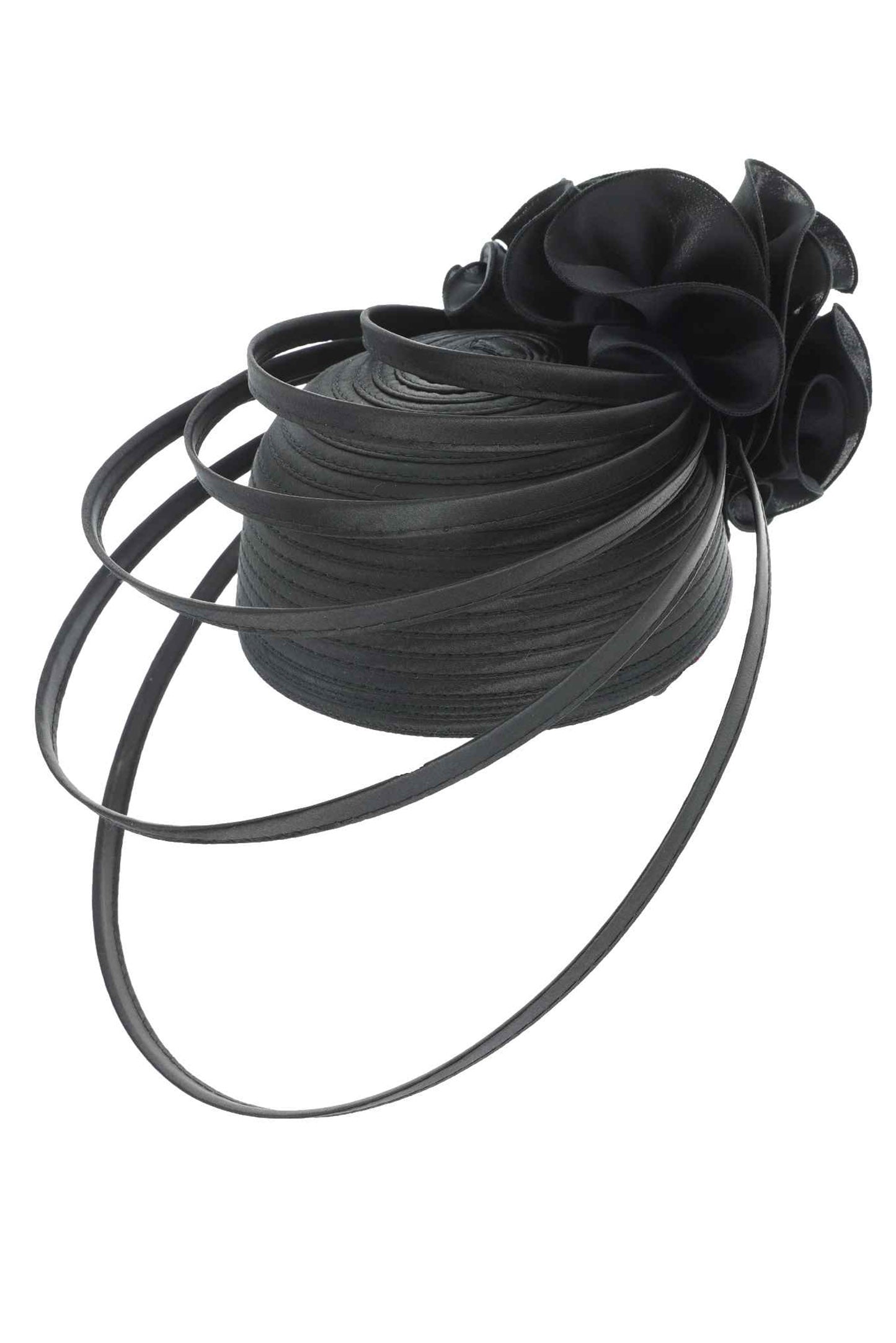 Scarlett Ribbon Flower Pillbox Braid Hat w/ Floating Ribbon Loops | Black