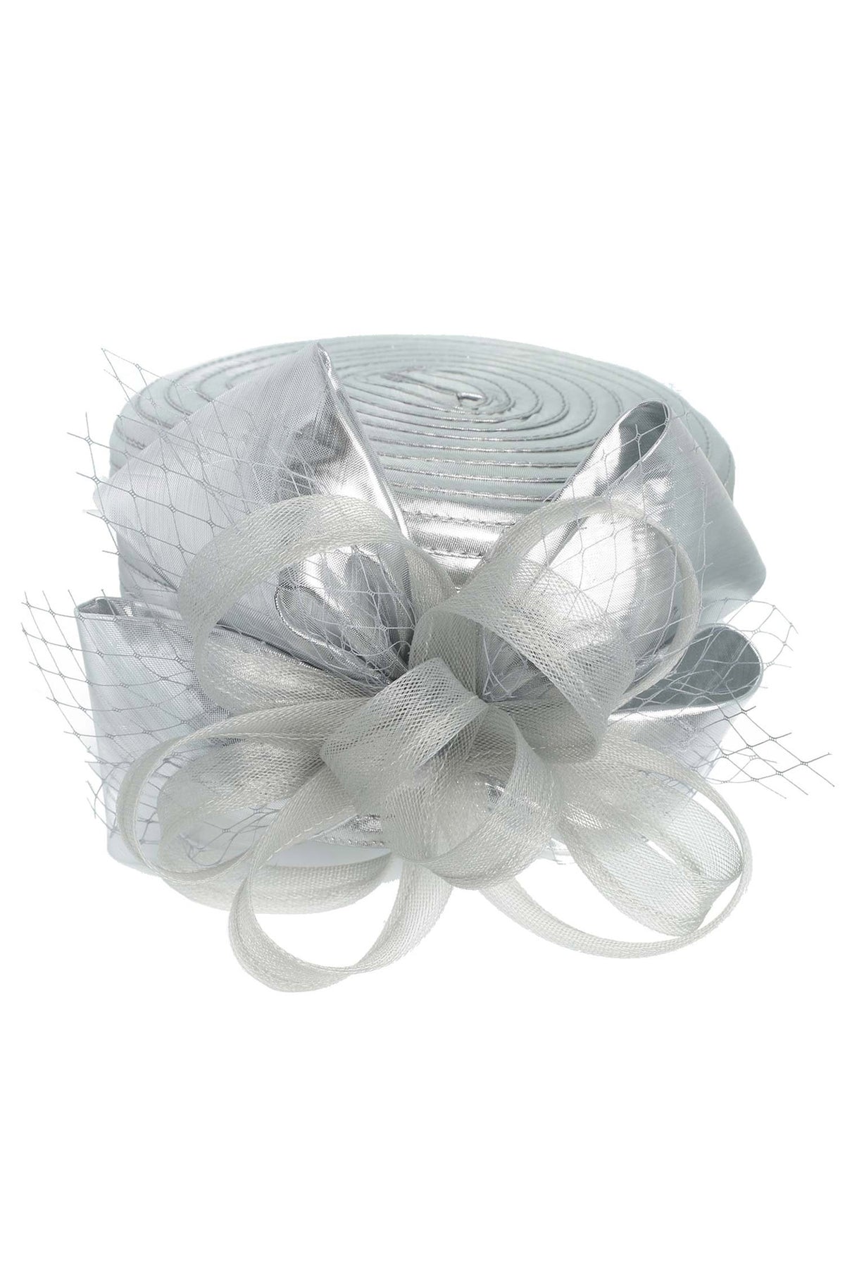 Selena Ribbon Metallic Dressy Netted Pill Box Braid Hat | Silver