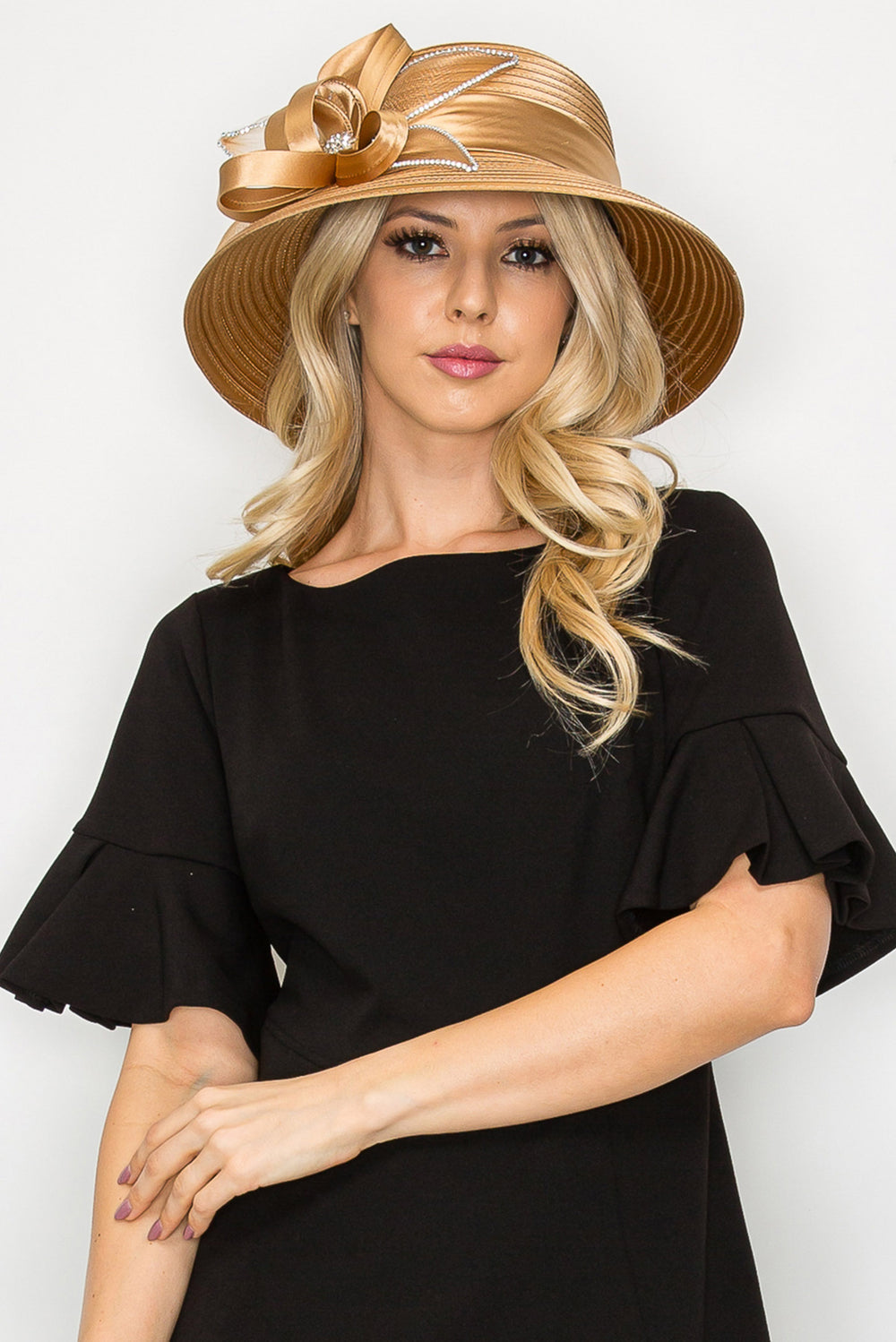 Lucy Jeweled Floral Bow Down Brim Braid Hat