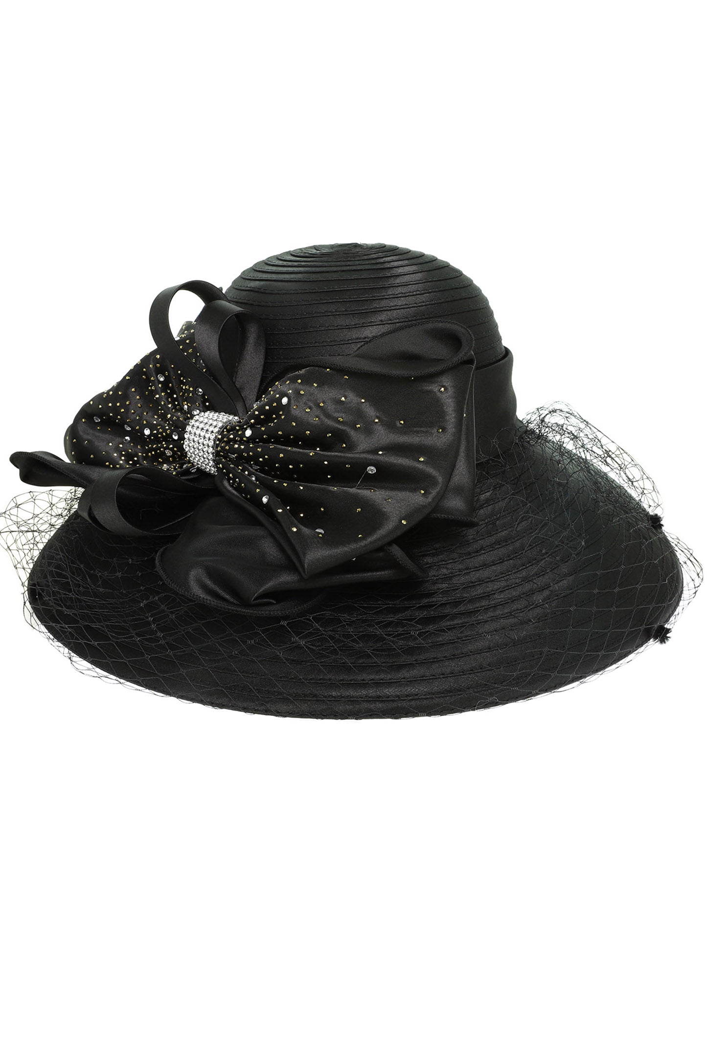 Chloe Netted Paper Braid Hat with Rhinestone and Large Satin Bow | Black
