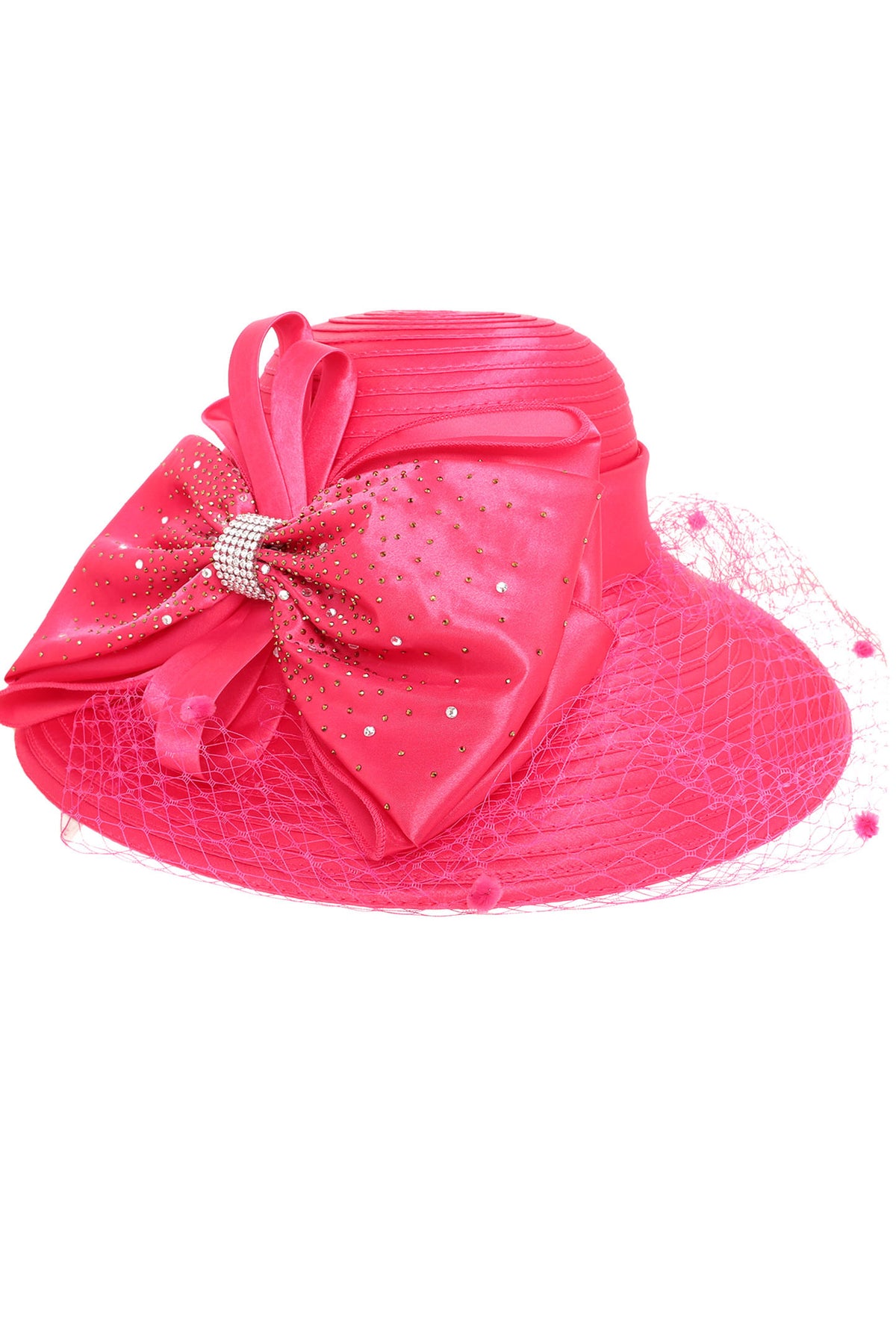 Chloe Netted Paper Braid Hat with Rhinestone and Large Satin Bow | Fuchsia
