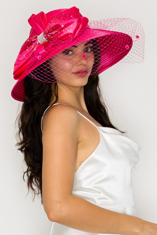 Chloe Netted Paper Braid Hat with Rhinestone and Large Satin Bow