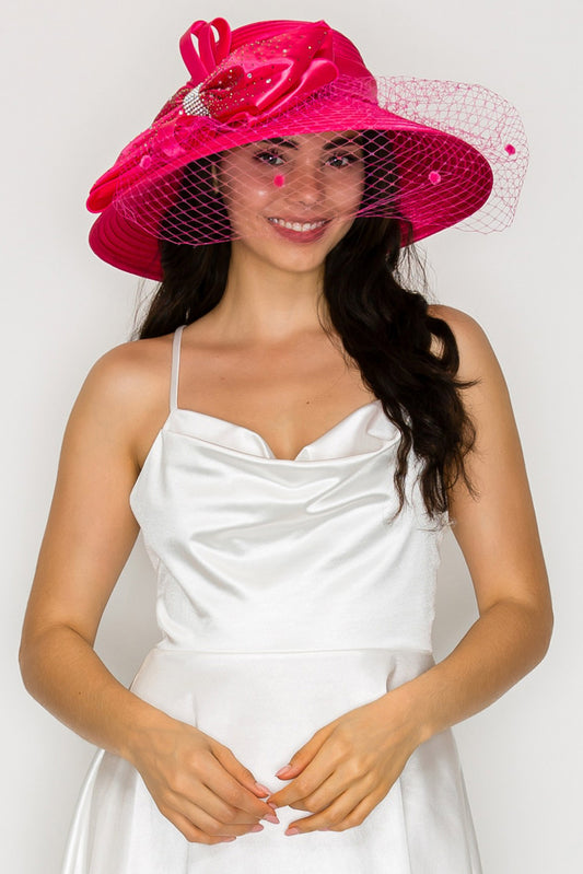 Chloe Netted Paper Braid Hat with Rhinestone and Large Satin Bow