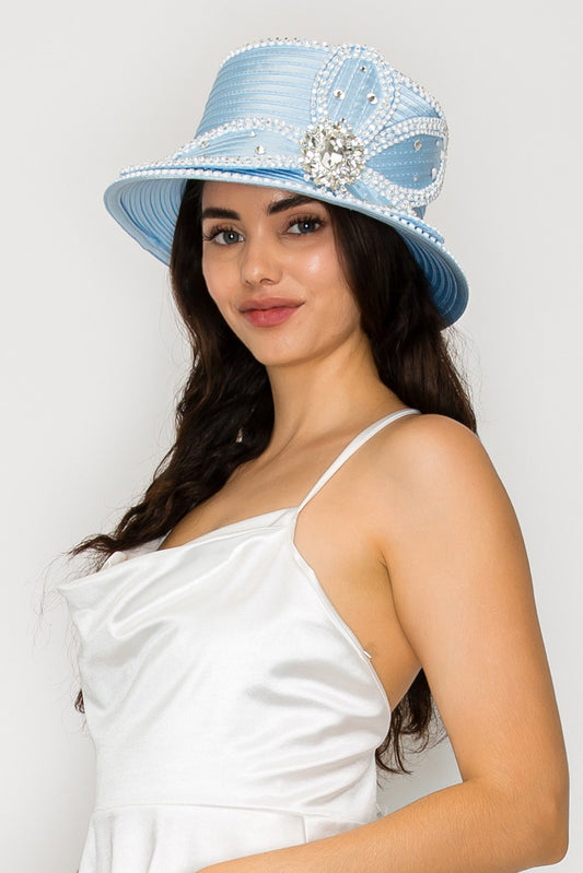 Lillian Down Brim Paper Braid Hat with Large Crystal Petal Flower