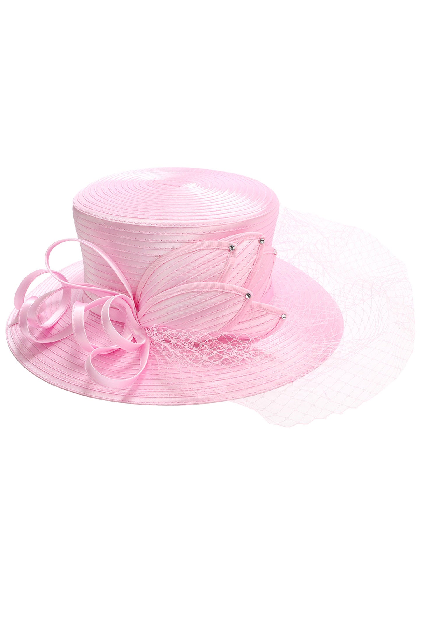 Ruby Rhinestone Studded Bow Netted Paper Braid Dress Hat | Pink