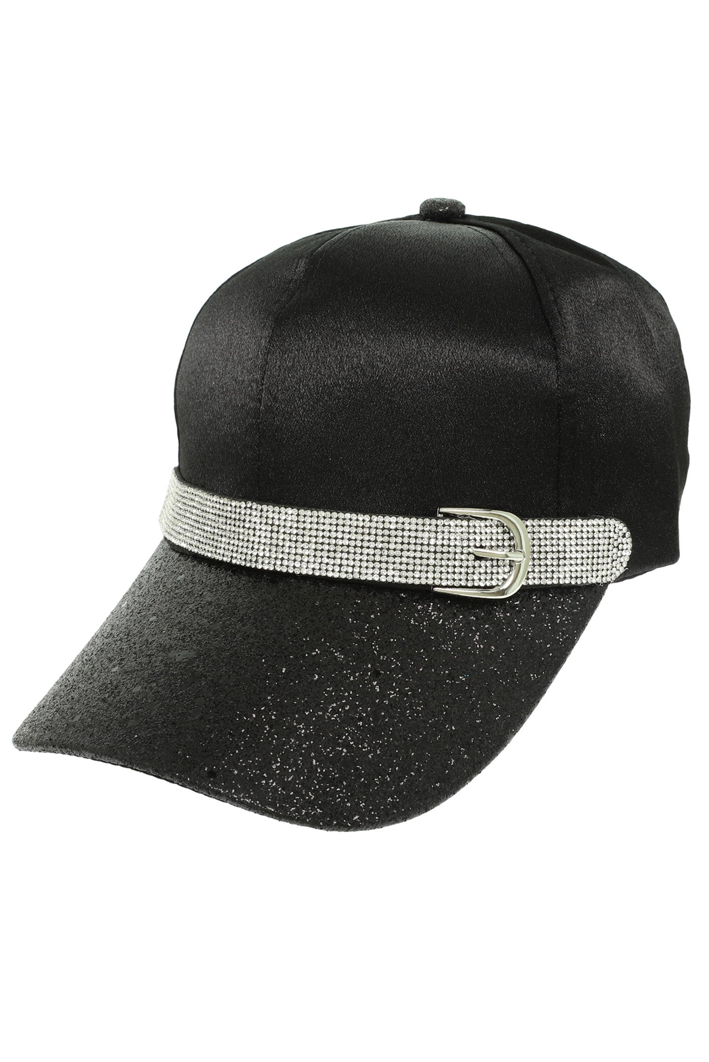 Hannah Satin Baseball Cap with Glitter Brim and Rhinestone Buckle | Black