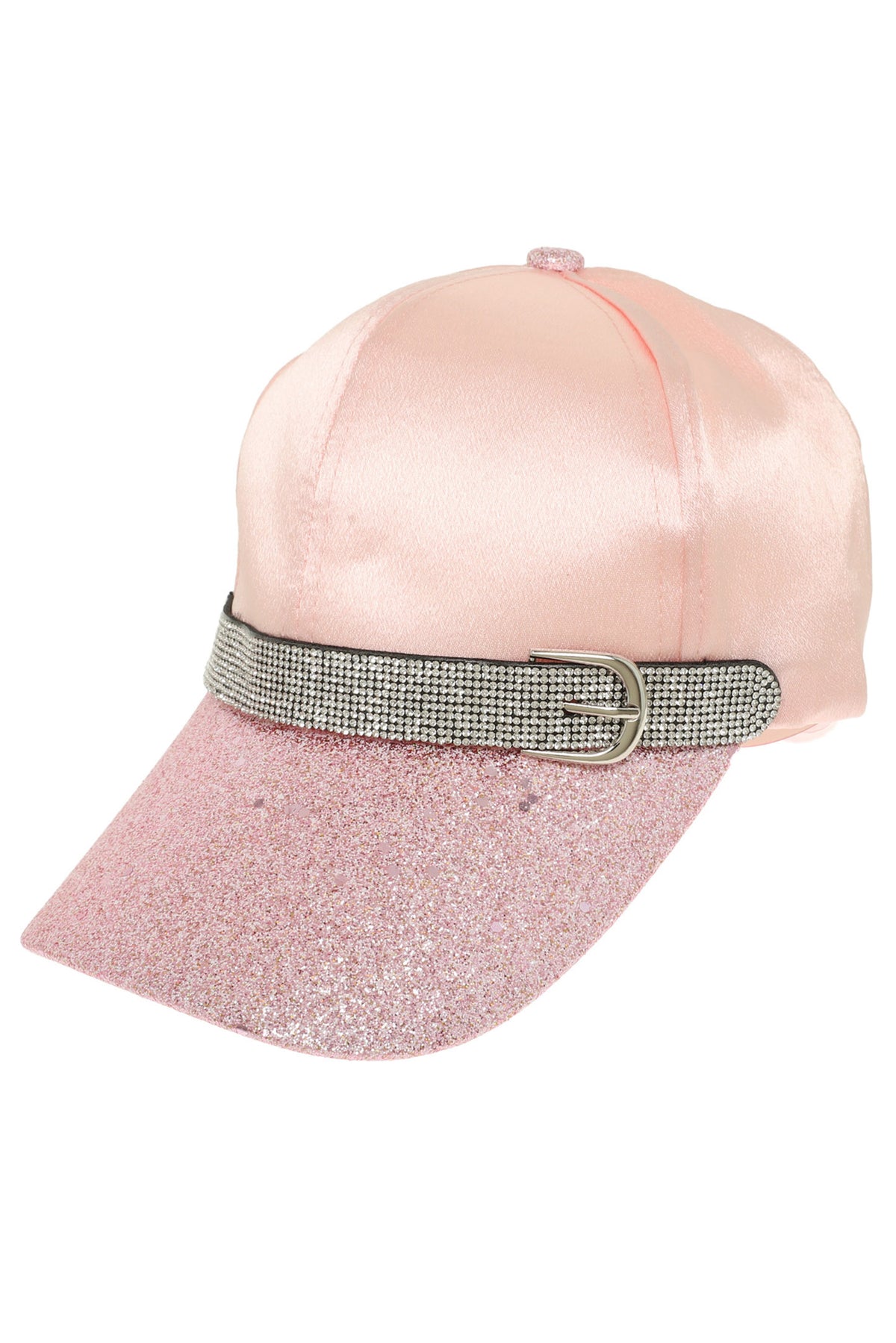 Hannah Satin Baseball Cap with Glitter Brim and Rhinestone Buckle | Pink
