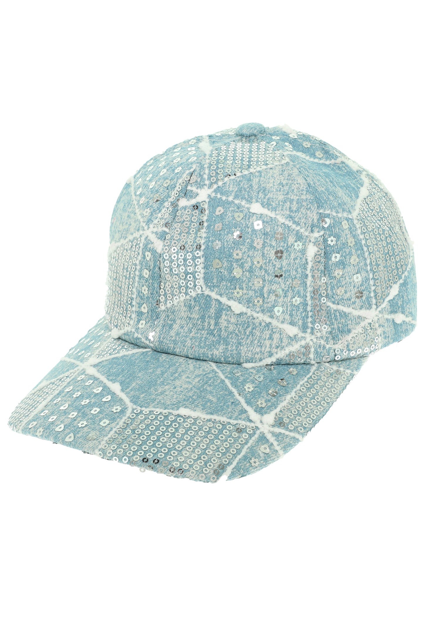Lily Rhinestone Embellished Patchwork Design Denim Cap | Light Denim