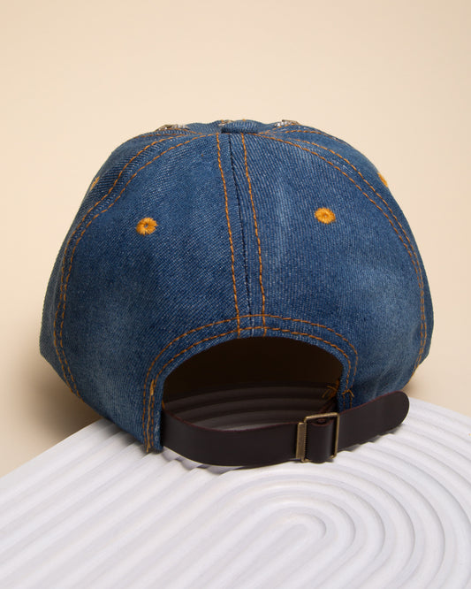 Mandy Distressed Denim Rhinestone Stars Baseball Cap | Dark Blue