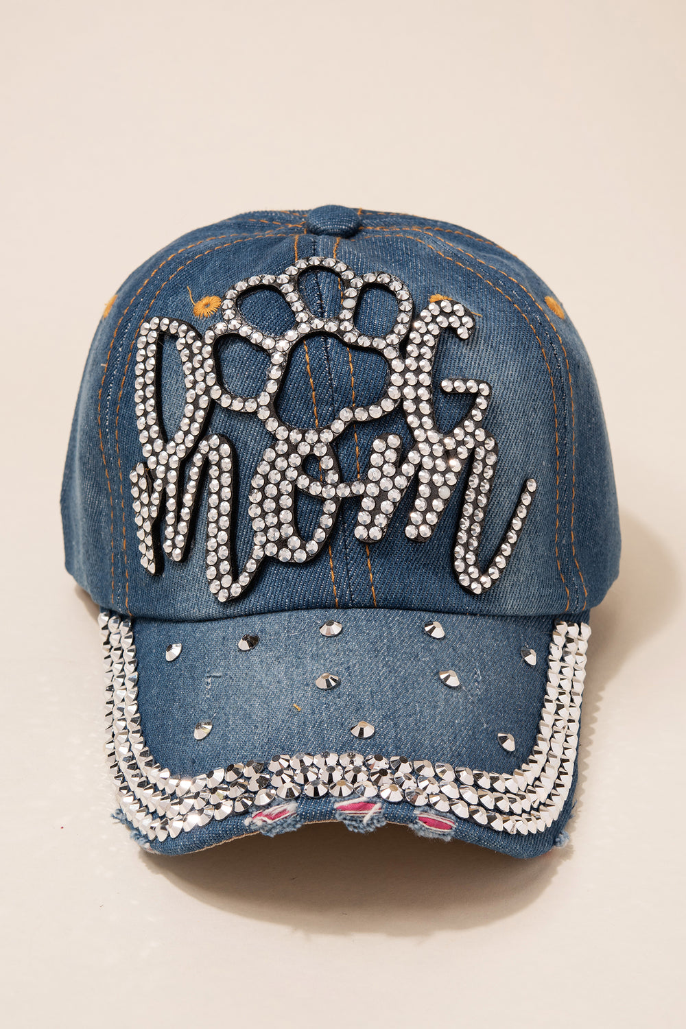 Large Paw Dog Mom Cap with 3 Line Jewels | Denim