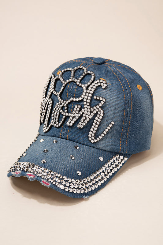Large Paw Dog Mom Cap with 3 Line Jewels | Denim