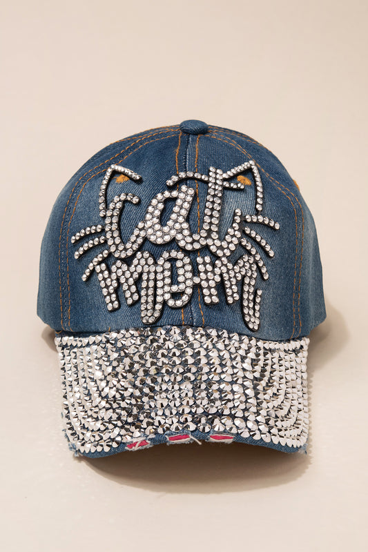 Cat Mom Cap with Full Bill Jewels | Denim