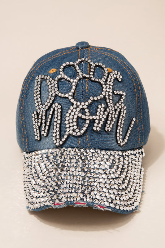 Large Paw Dog Mom Cap with Full Bill Jewels | Denim