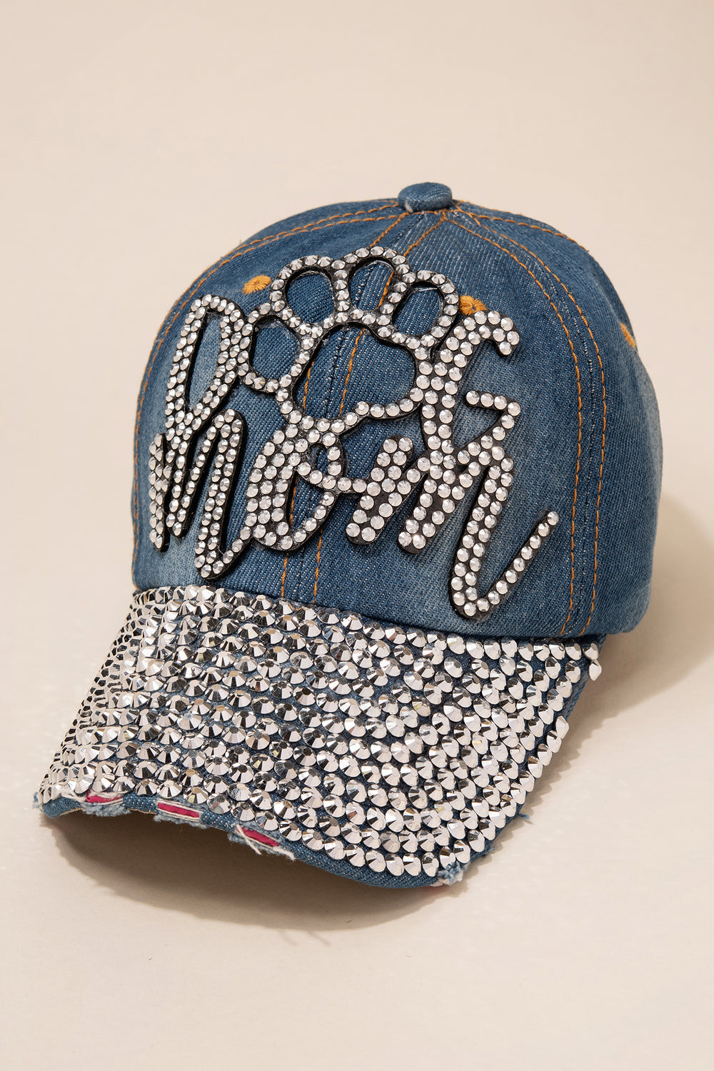 Large Paw Dog Mom Cap with Full Bill Jewels | Denim