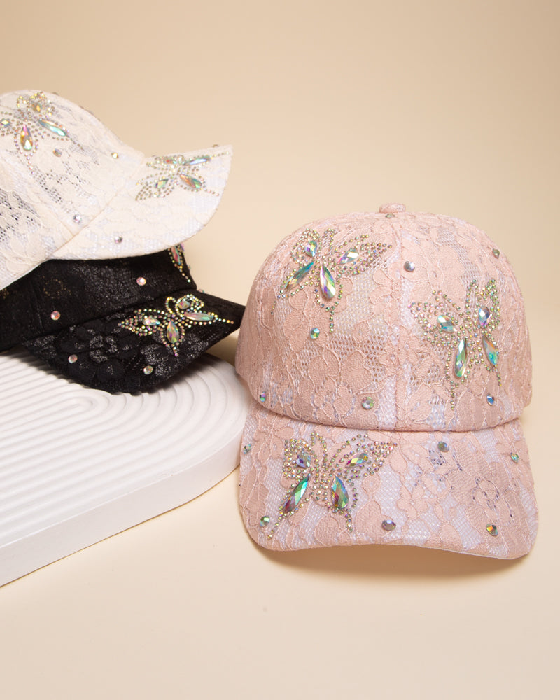 Mariah Rhinestone Jeweled Butterfly Lace Pattern Baseball Cap