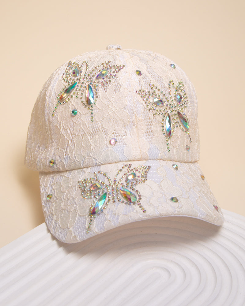 Mariah Rhinestone Jeweled Butterfly Lace Pattern Baseball Cap