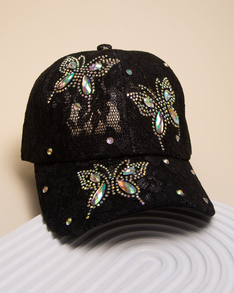 Mariah Rhinestone Jeweled Butterfly Lace Pattern Baseball Cap