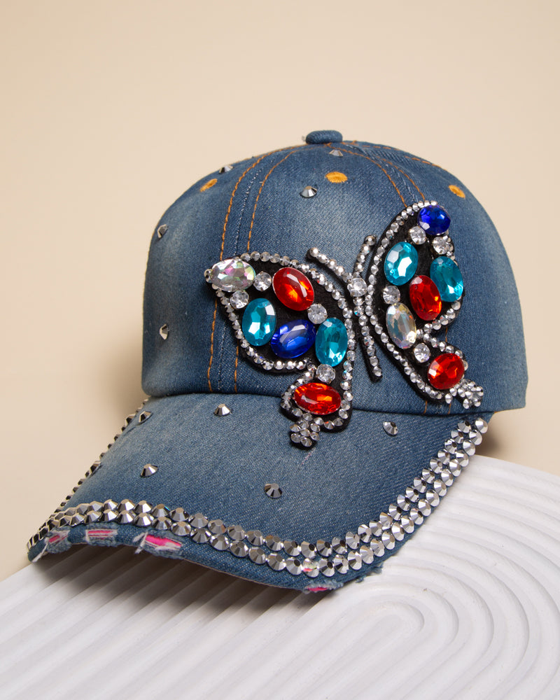 Jasmine Butterfly Jeweled Blue Denim Cap | Dark Blue