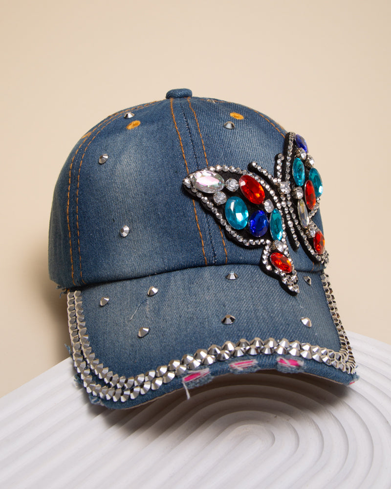 Jasmine Butterfly Jeweled Blue Denim Cap