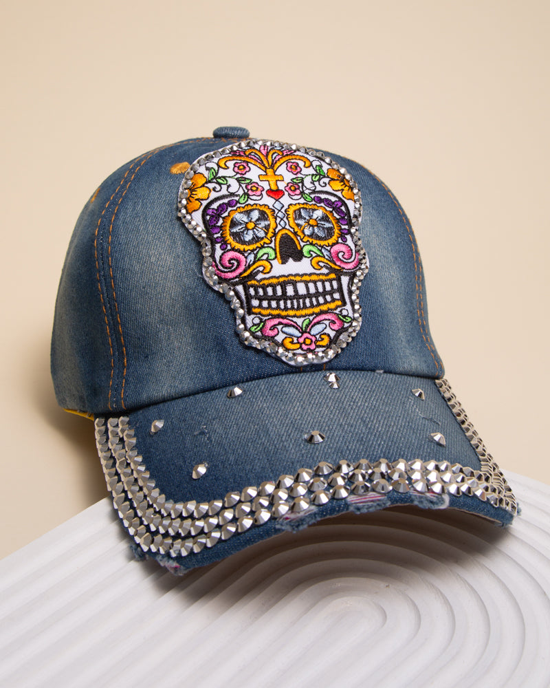 Janis Colorful Sugar Skull Distressed Denim Baseball Cap | Dark Blue