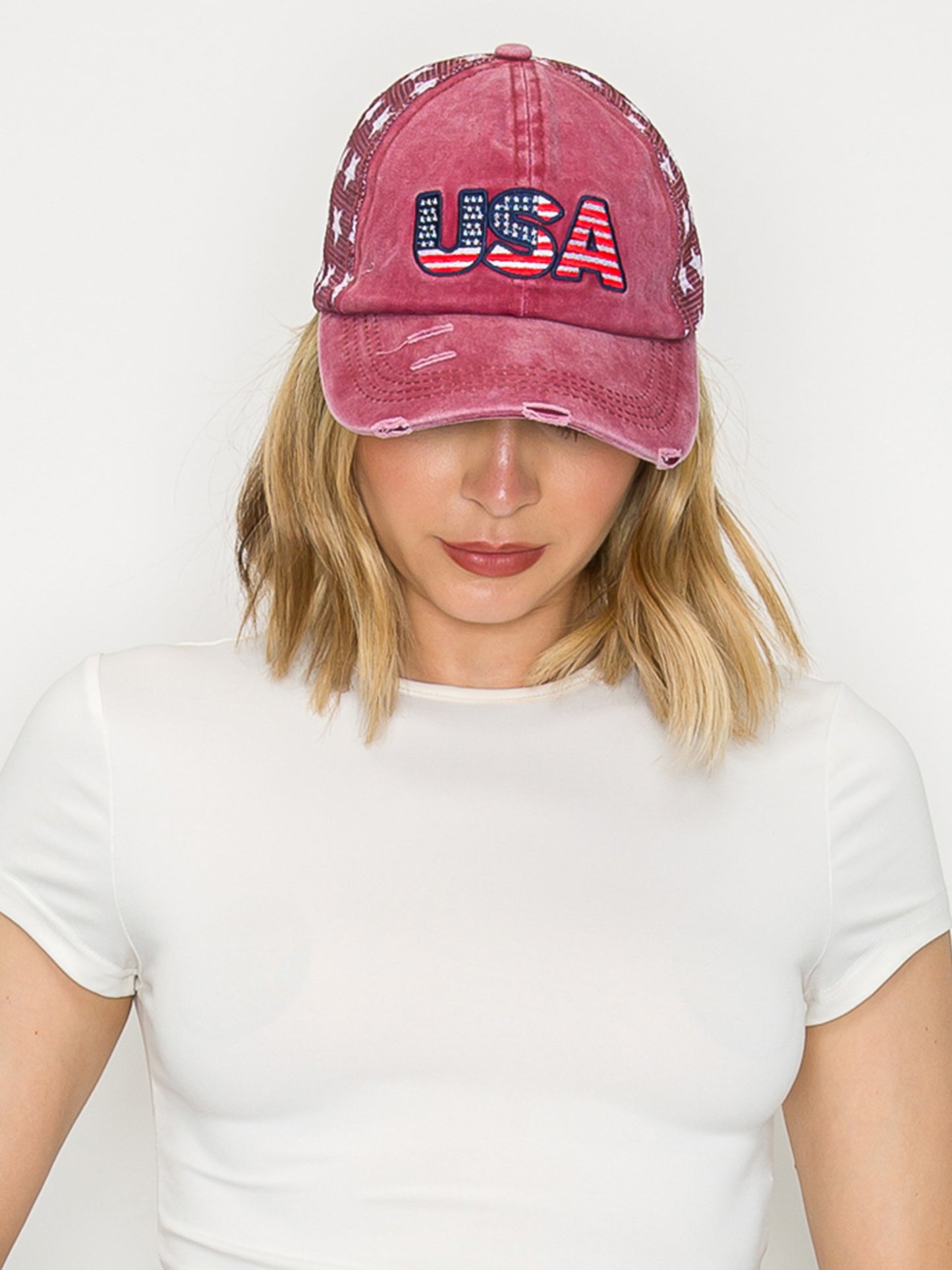 Rachel American Flag USA Embroidered Relaxed Denim Trucker Hat