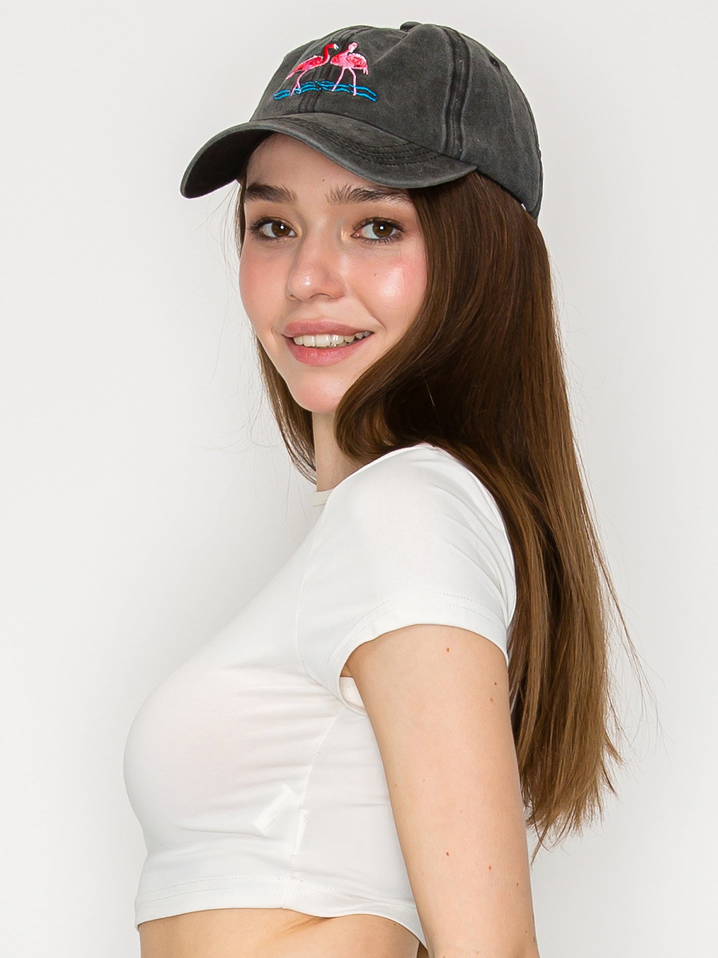 Evangeline Pink Flamingo Embroidered Relaxed Denim Fit Baseball Cap