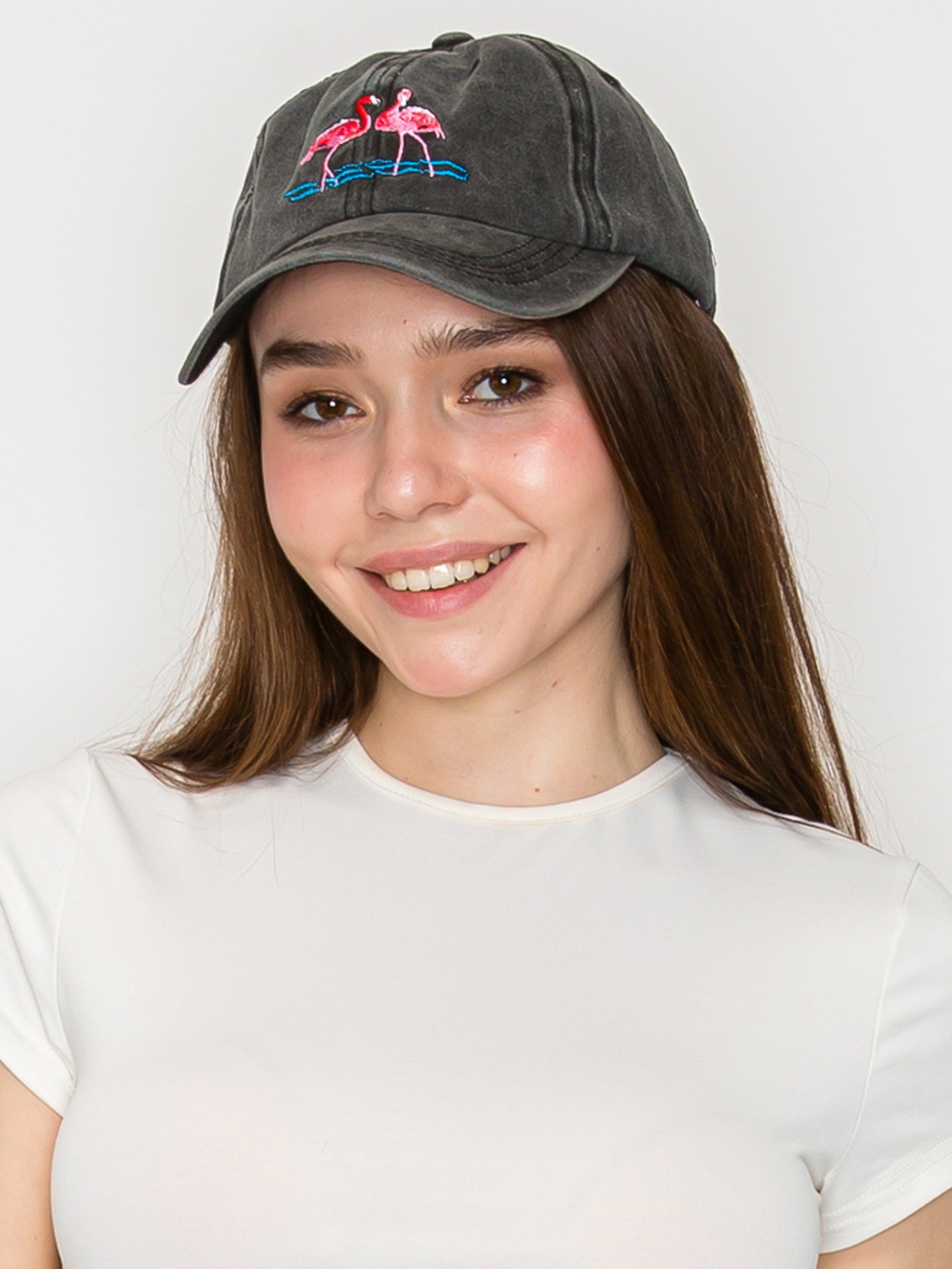 Evangeline Pink Flamingo Embroidered Relaxed Denim Fit Baseball Cap