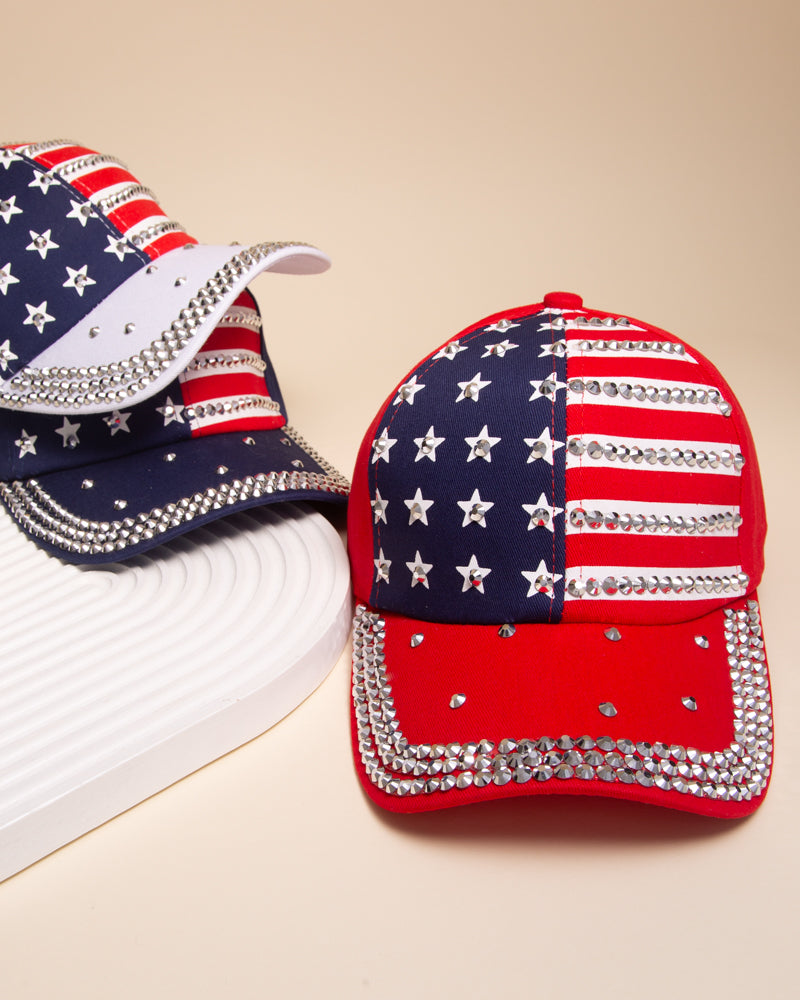 Kim American Flag Hotfix Rhinestone Embellished Baseball Cap