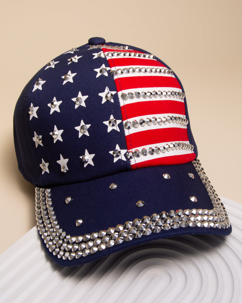 Kim American Flag Hotfix Rhinestone Embellished Baseball Cap