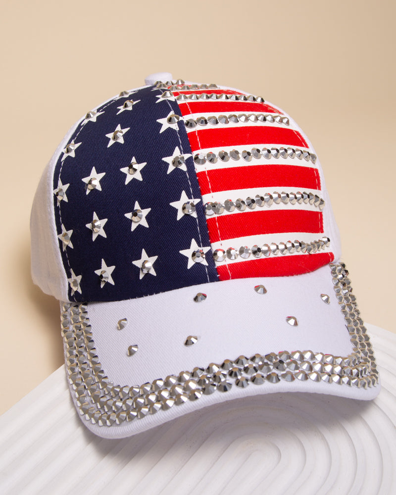 Kim American Flag Hotfix Rhinestone Embellished Baseball Cap