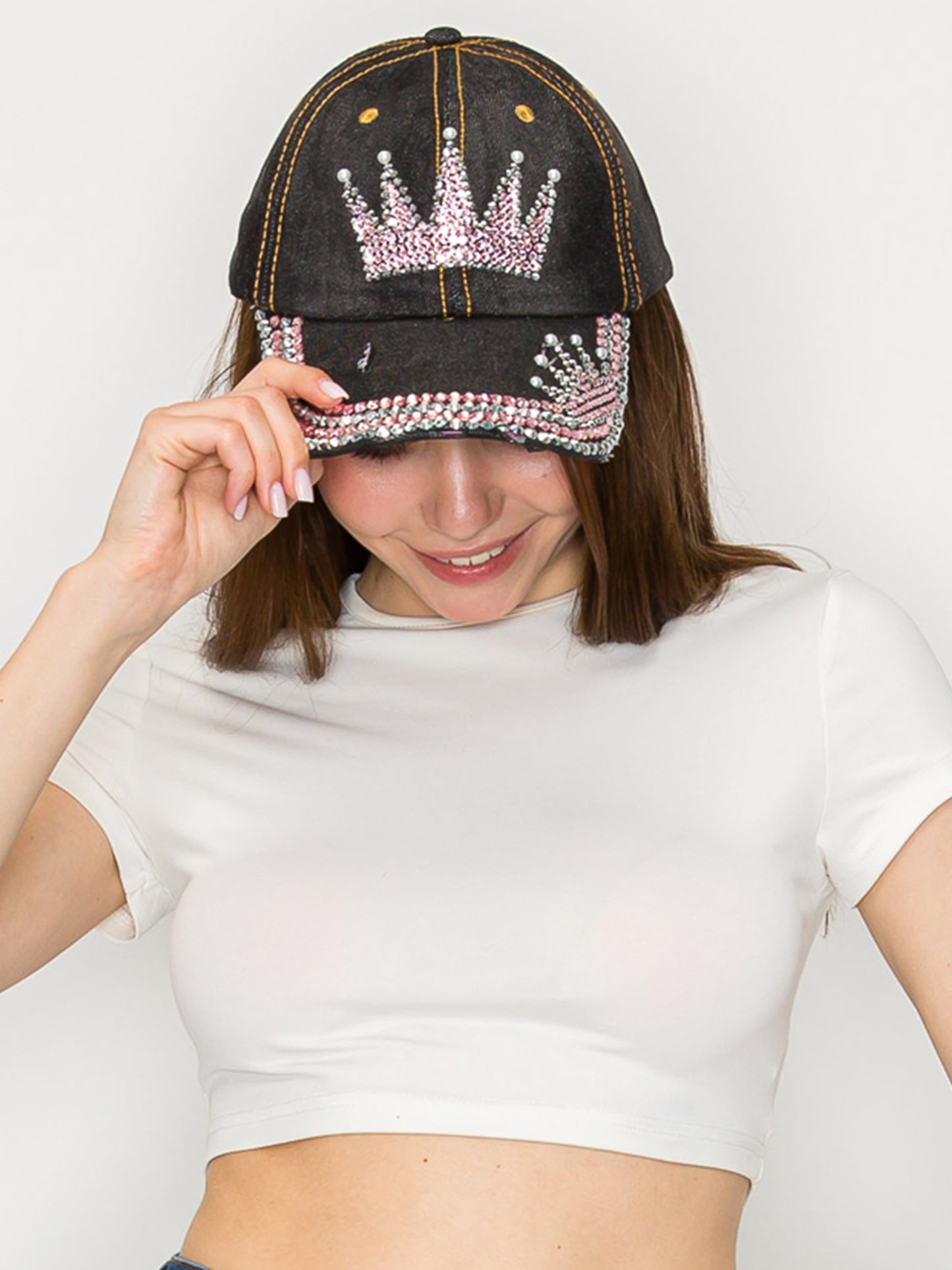 Adeline Decorative Rhinestone Embellished Queen's Crown Denim Cap