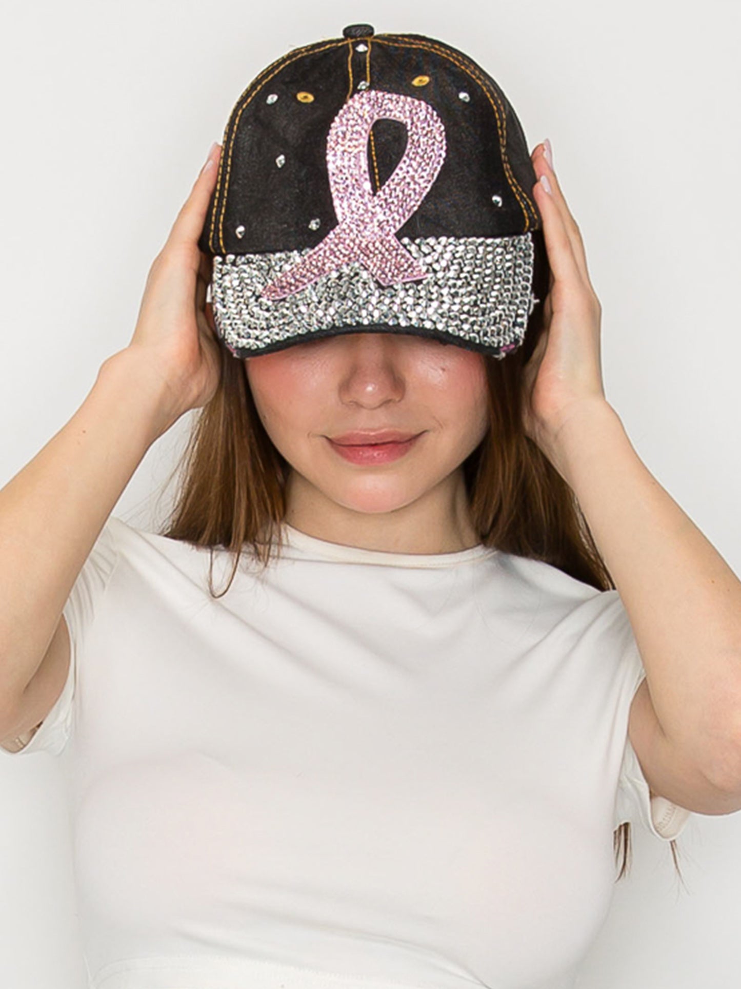 Eloise Rhinestone Pave Breast Cancer Awareness Ribbon Cap