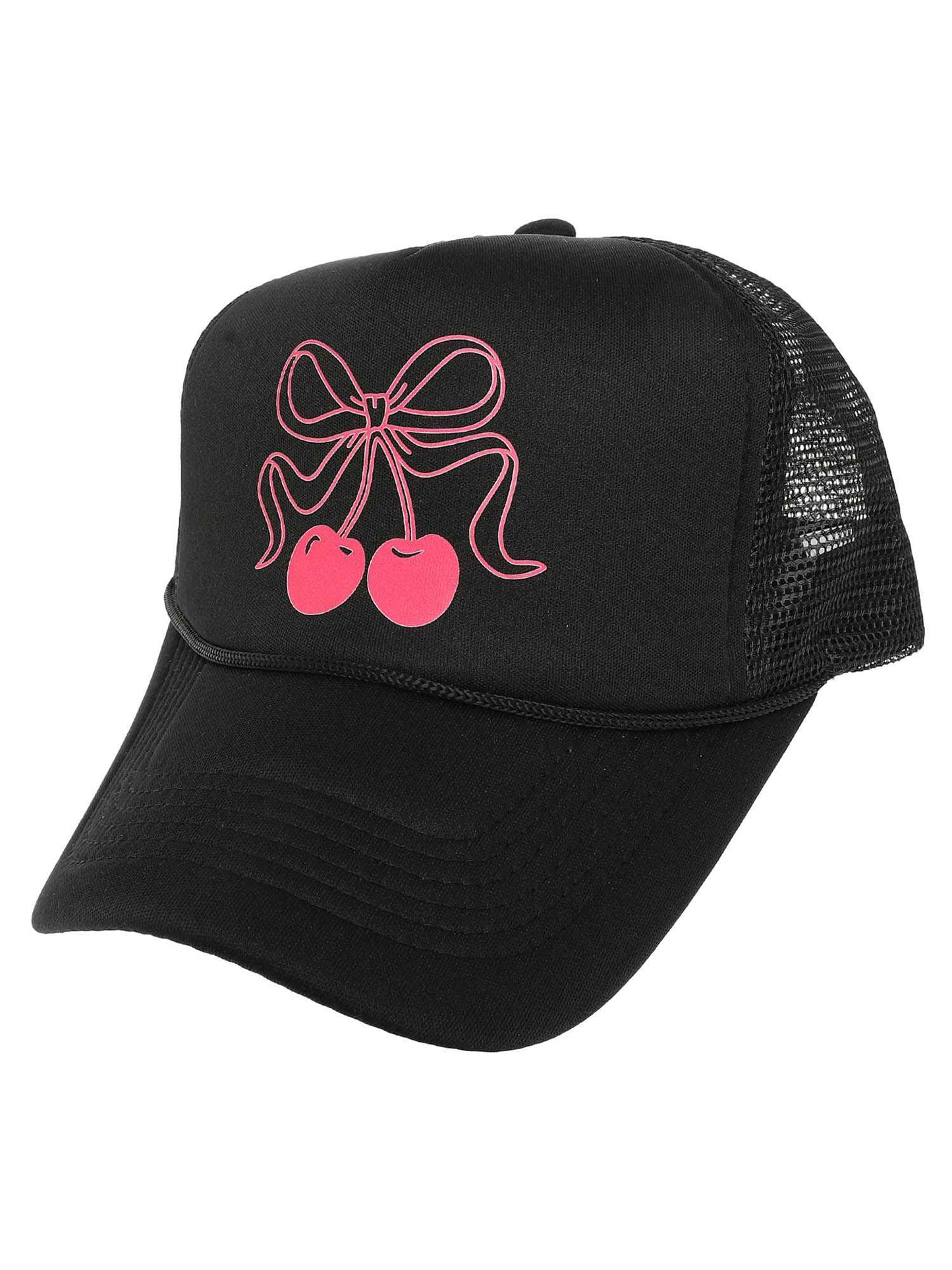 Juliette Bow Knotted Cherries Graphic Print Fitted Trucker Hat