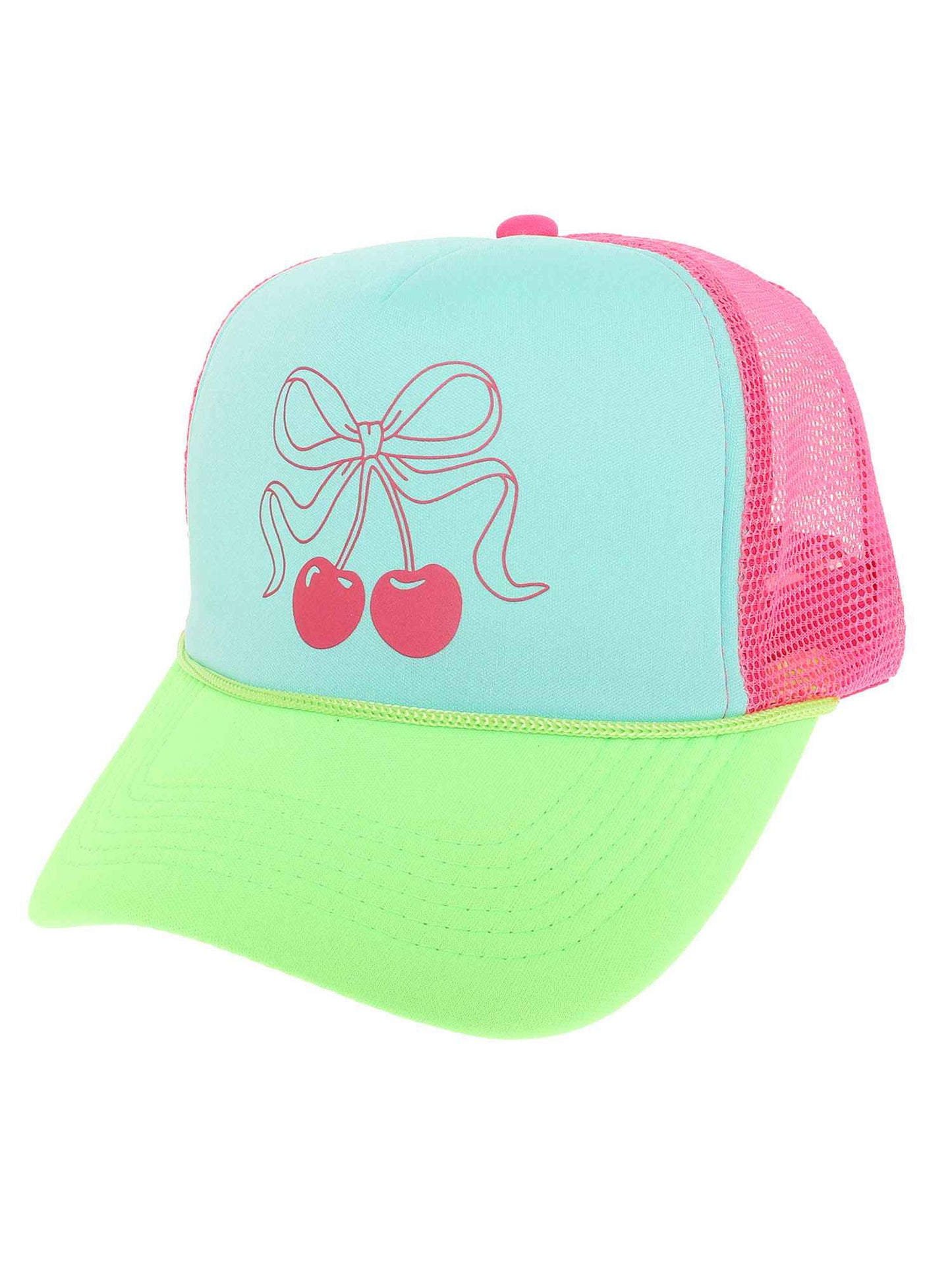 Juliette Bow Knotted Cherries Graphic Print Fitted Trucker Hat