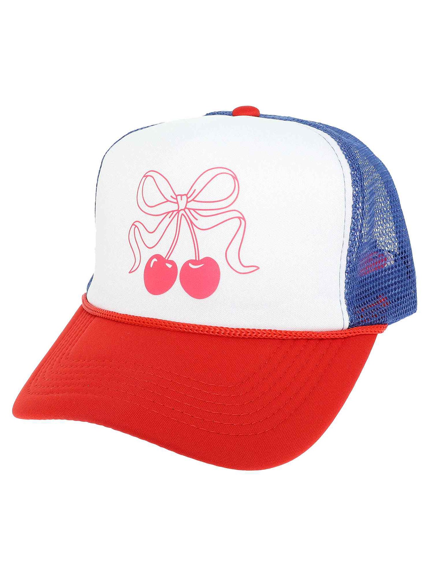 Juliette Bow Knotted Cherries Graphic Print Fitted Trucker Hat