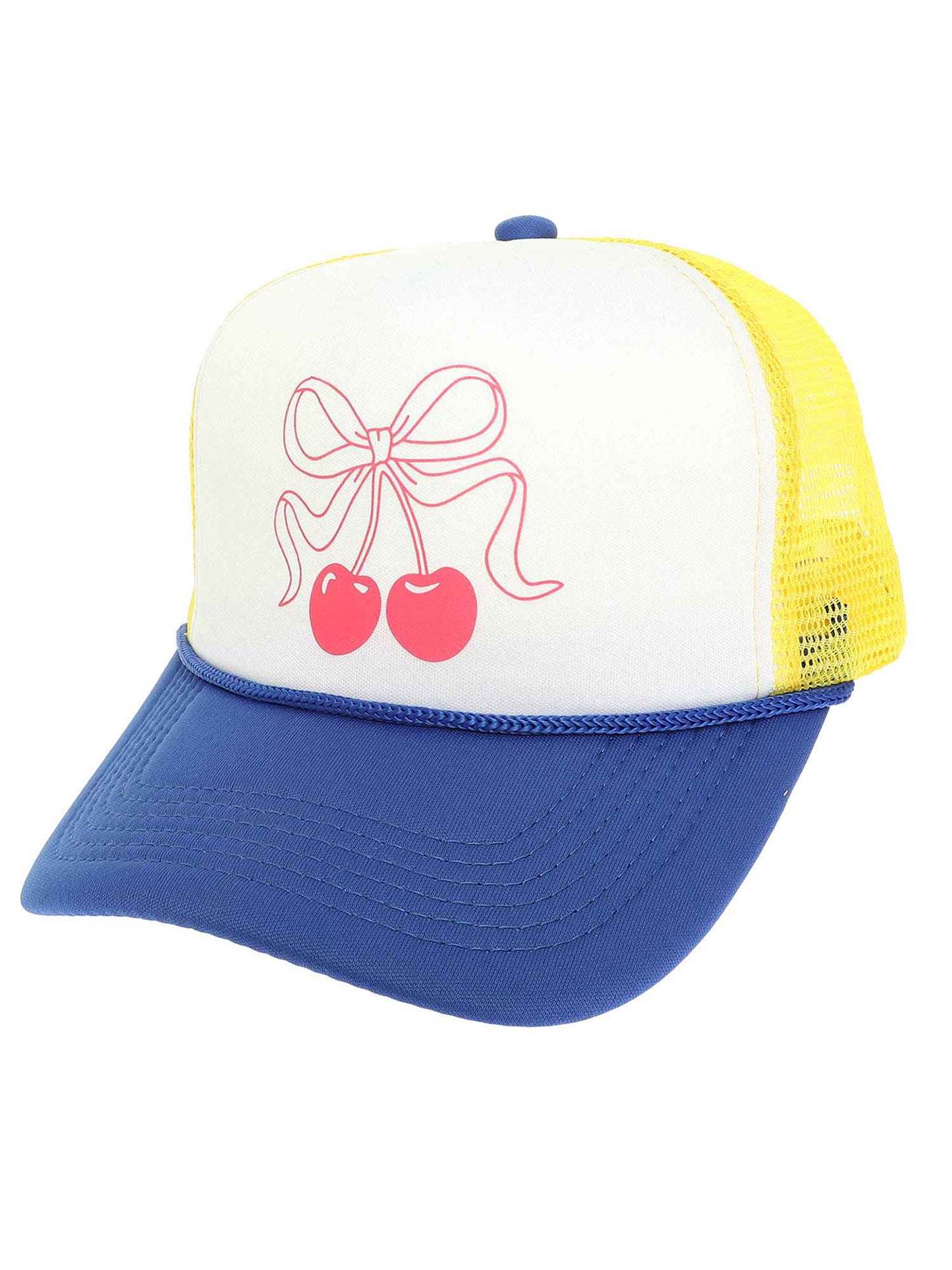 Juliette Bow Knotted Cherries Graphic Print Fitted Trucker Hat