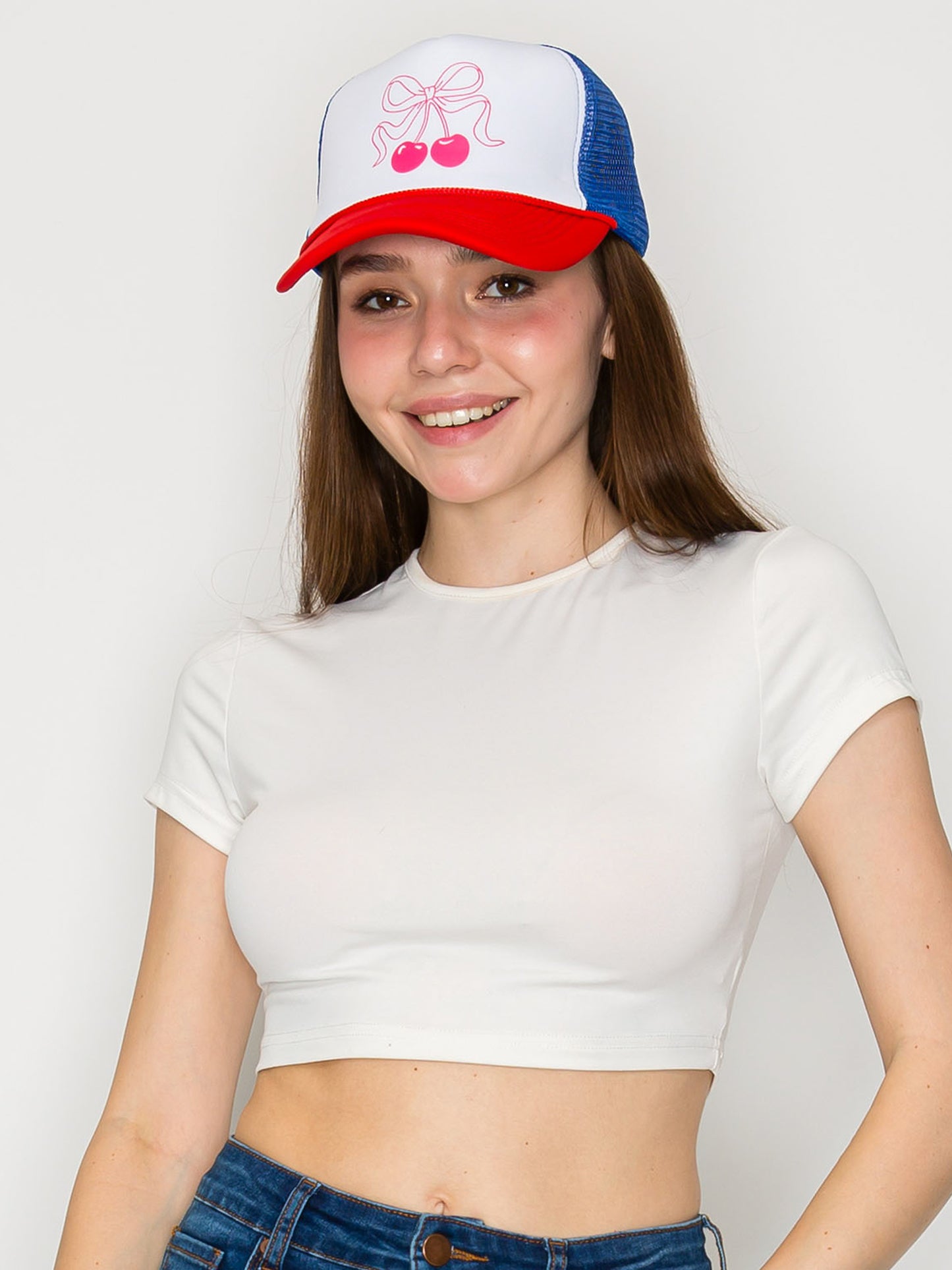 Juliette Bow Knotted Cherries Graphic Print Fitted Trucker Hat