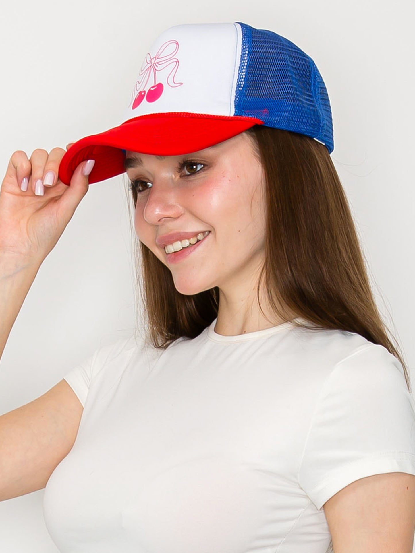 Juliette Bow Knotted Cherries Graphic Print Fitted Trucker Hat