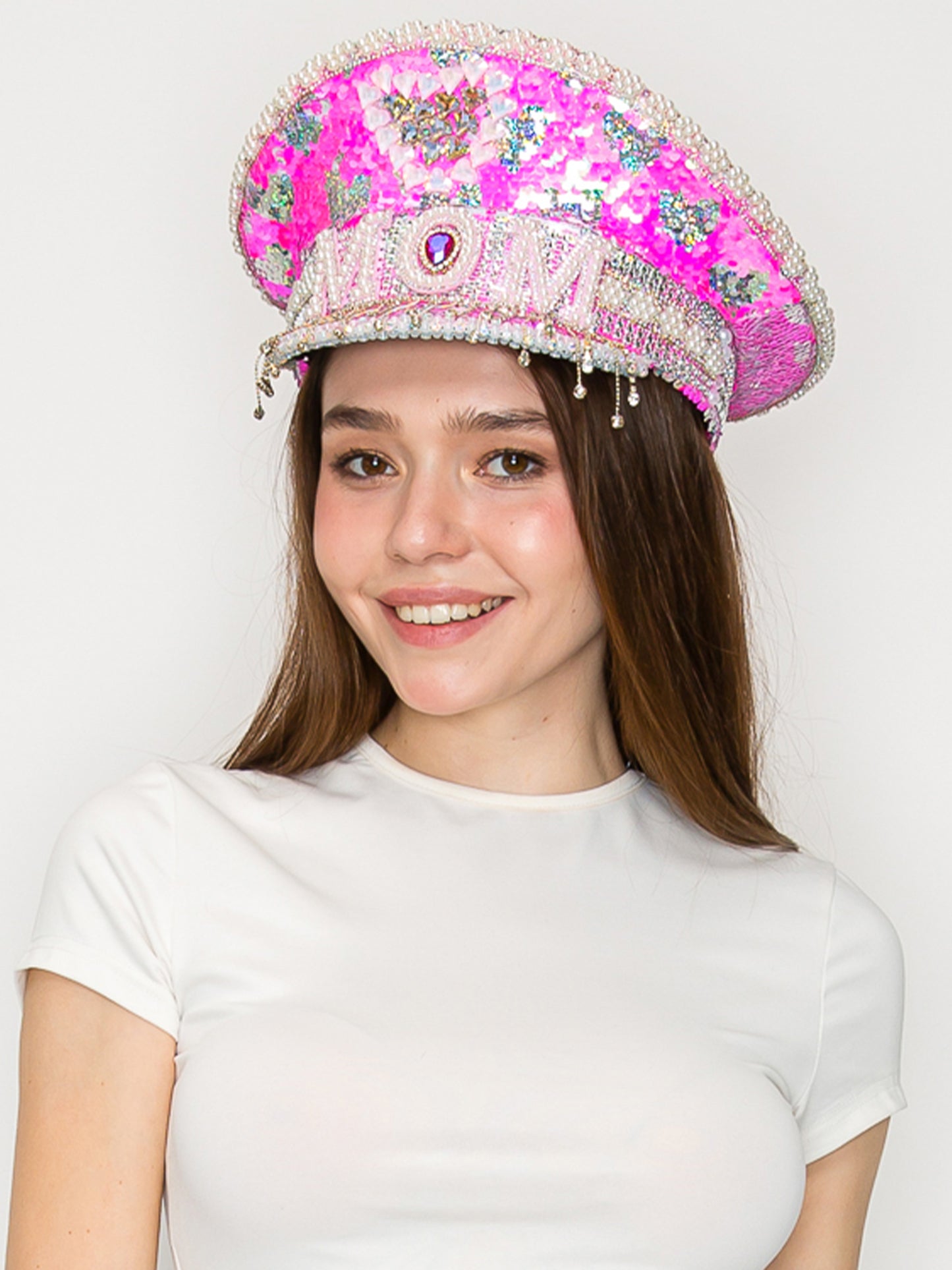 Luna “MOM” Pink Sequin & Pearl Crystal Embellished Love Hat