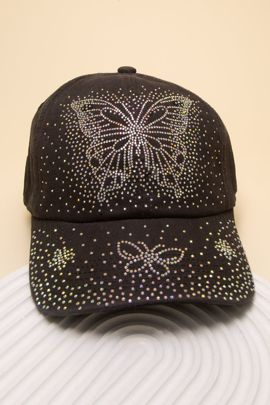 Charlotte Rhinestone Embellished Butterfly Design Denim Baseball Hat