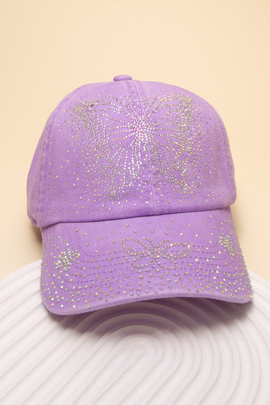 Charlotte Rhinestone Embellished Butterfly Design Denim Baseball Hat | Lavender