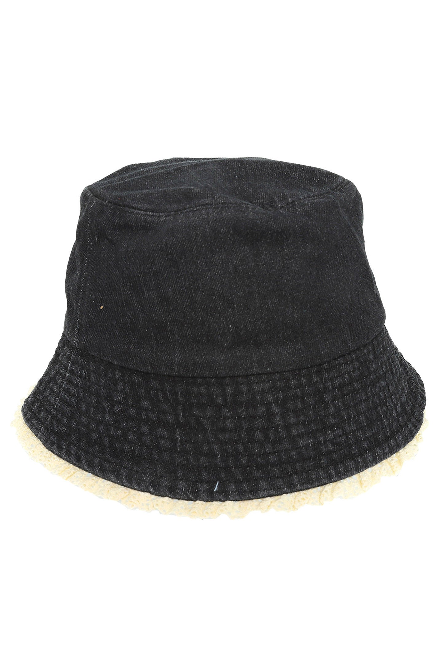 Mila Denim Bucket Hat with Lace Trim and Ruffle Edge | Black