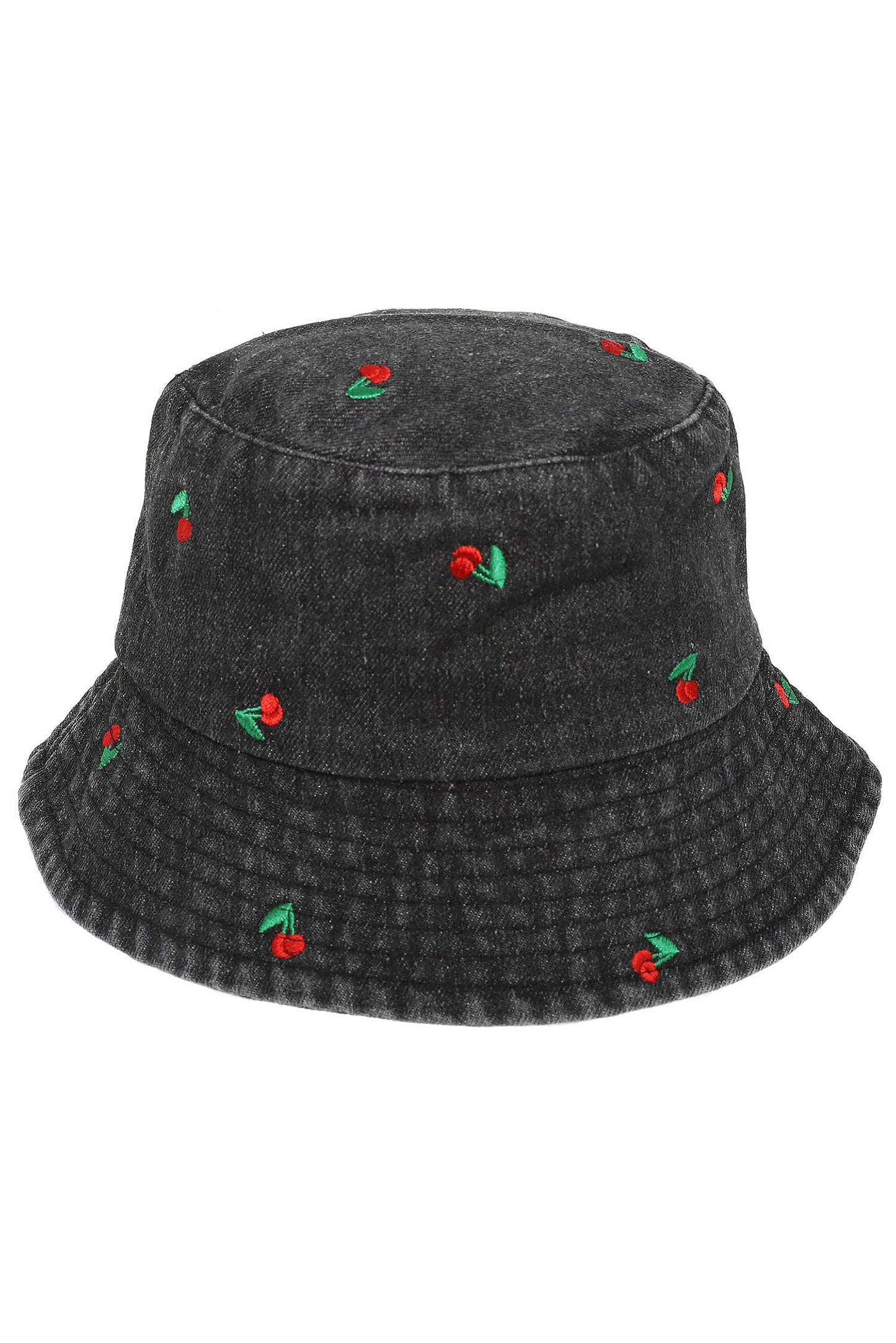 Valentina Denim Bucket Hat with Embroidered Cherry Accents | Black